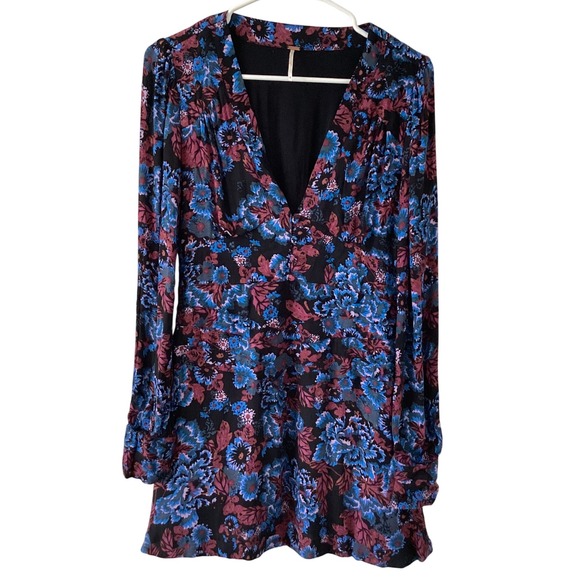 Free People Floral Mini Dress Women's 8 Long Sleeve V-Neck Boho Rayon - Picture 1 of 6